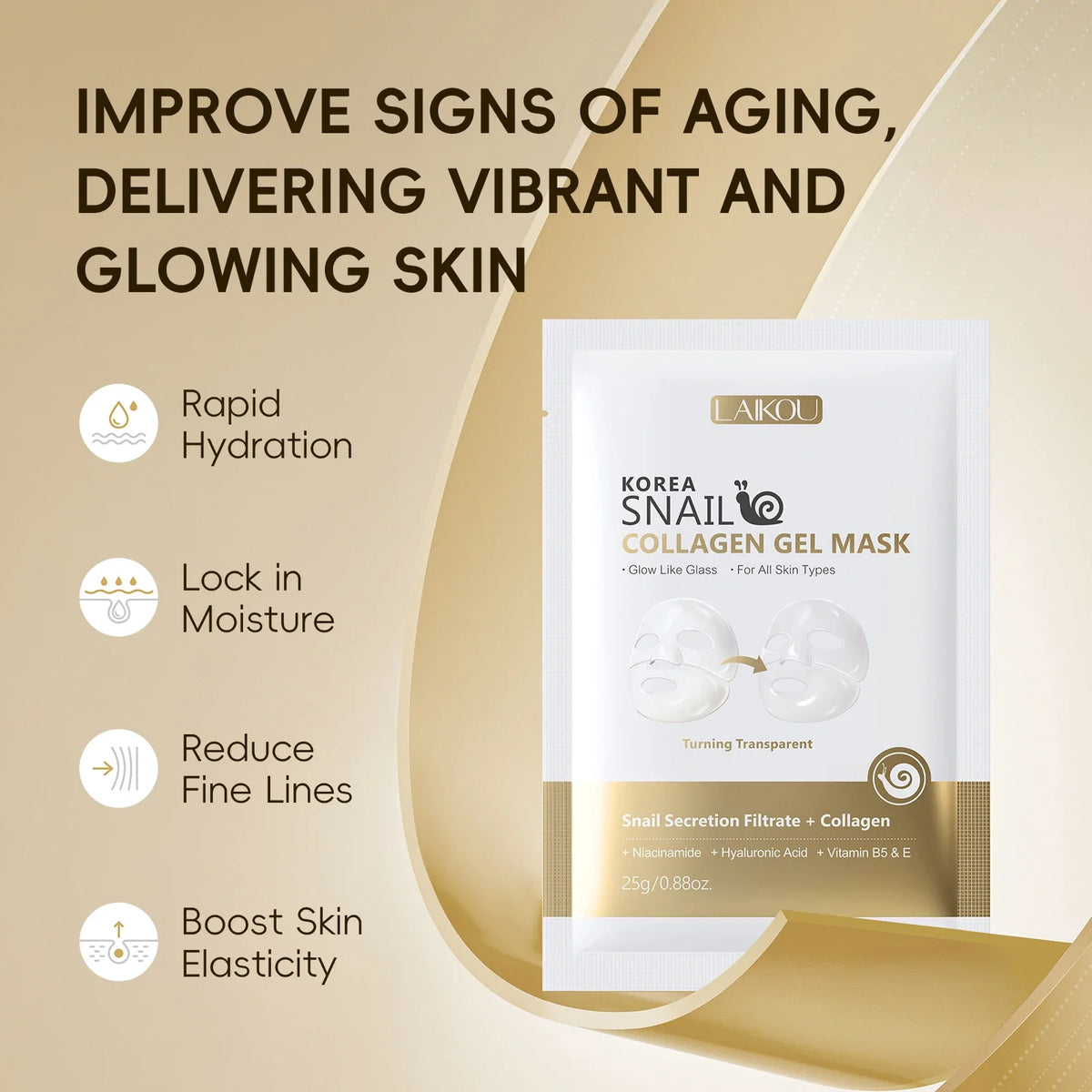 LAIKOU Korea Snail Collagen Essence Mask Hydrating Sheet Mask Anti-Wrinkle Face Mask Firming Skin Care 25g*20pcs