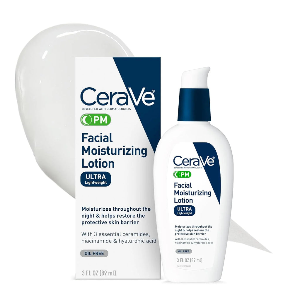 CeraVe PM Facial Moisturizing Lotion with Hyaluronic Acid & Niacinamide,Ultra-Lightweight,Oil-Free Moisturizer for Face,3 Ounce